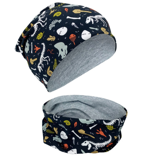 Heckbo | Kinder Beanie Mütze & Loop Set - Dino Knochen