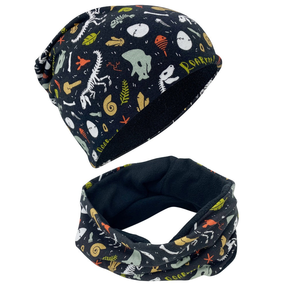 Heckbo | Kinder Beanie Mütze & Loop Set - Dino Knochen