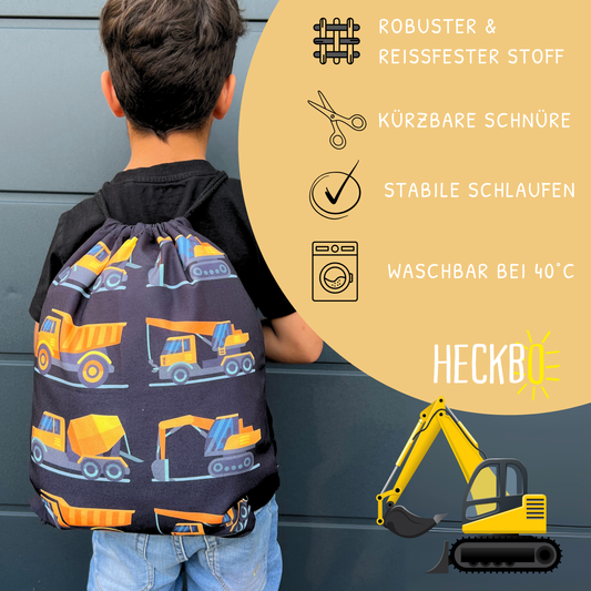 Heckbo | Kinder Turnbeutel - Baufahrzeuge Schwarz