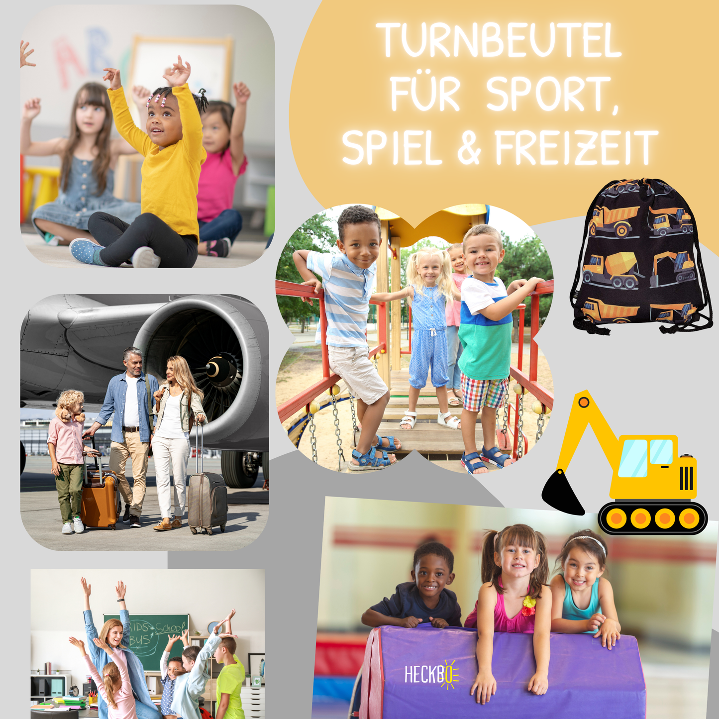 Heckbo | Kinder Turnbeutel - Baufahrzeuge Schwarz