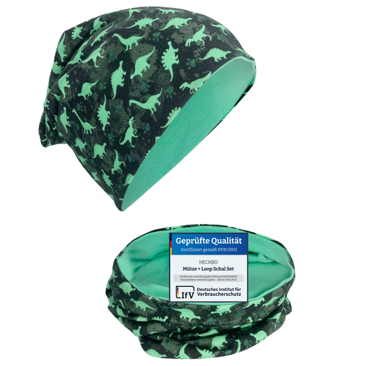 Heckbo | Kinder Beanie Mütze & Loop Set - Dinosaurier