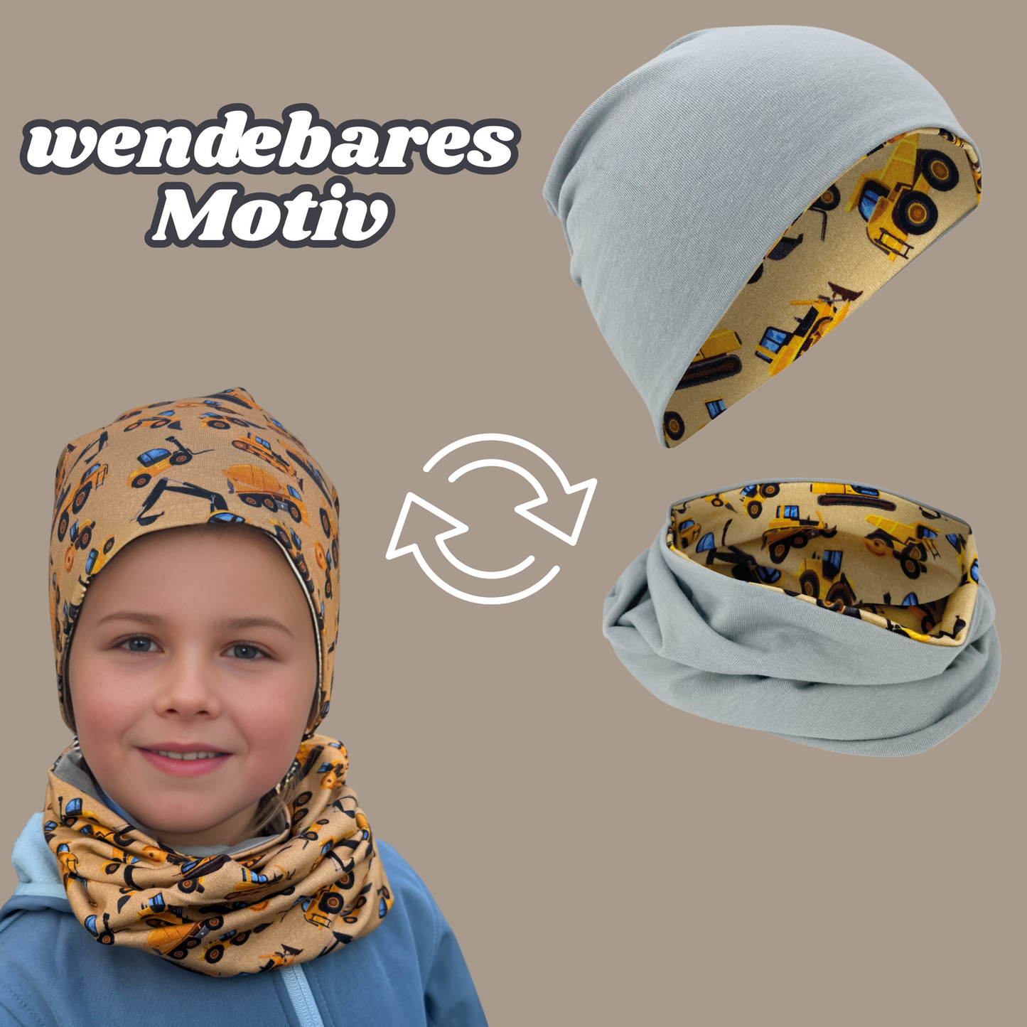 Heckbo | Kinder Beanie Mütze & Loop Set - Baufahrzeuge