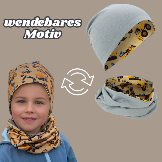 Heckbo | Kinder Beanie Mütze & Loop Set - Baufahrzeuge