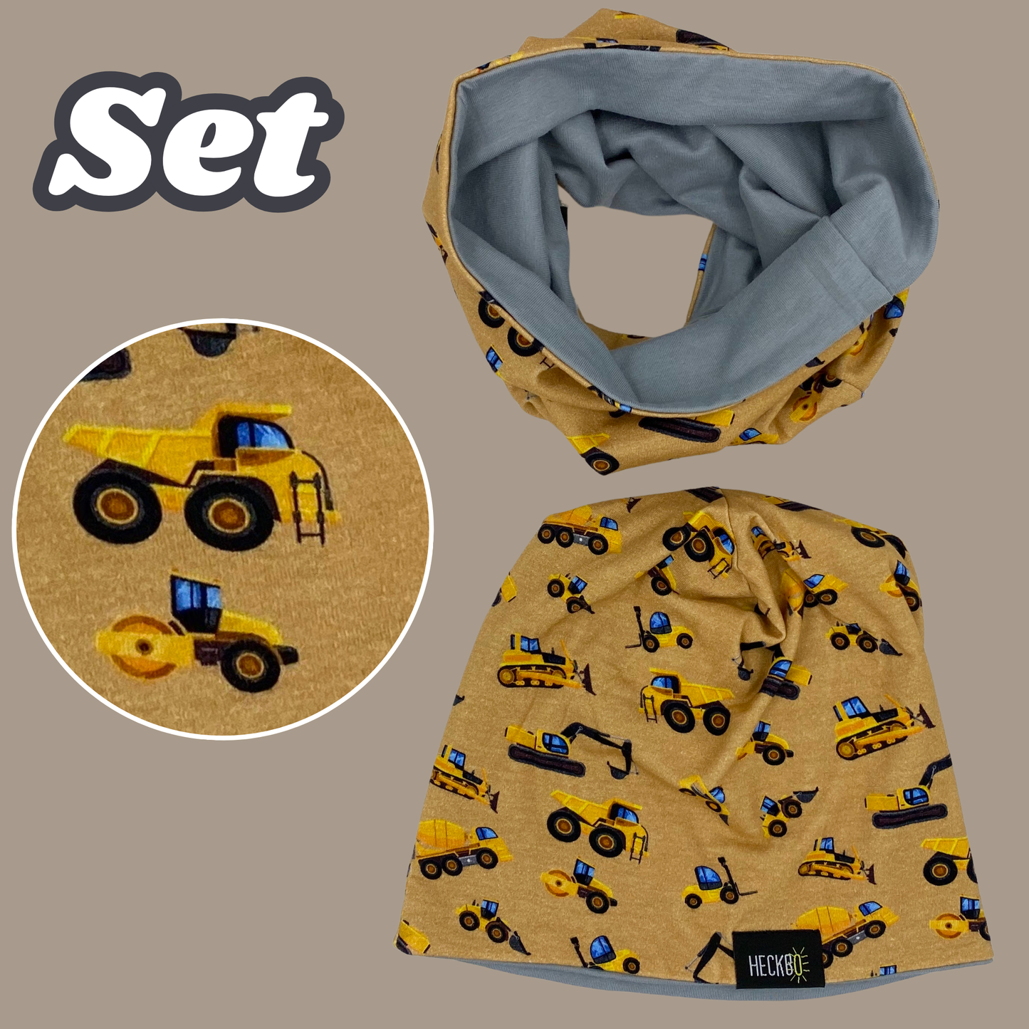 Heckbo | Kinder Beanie Mütze & Loop Set - Baufahrzeuge