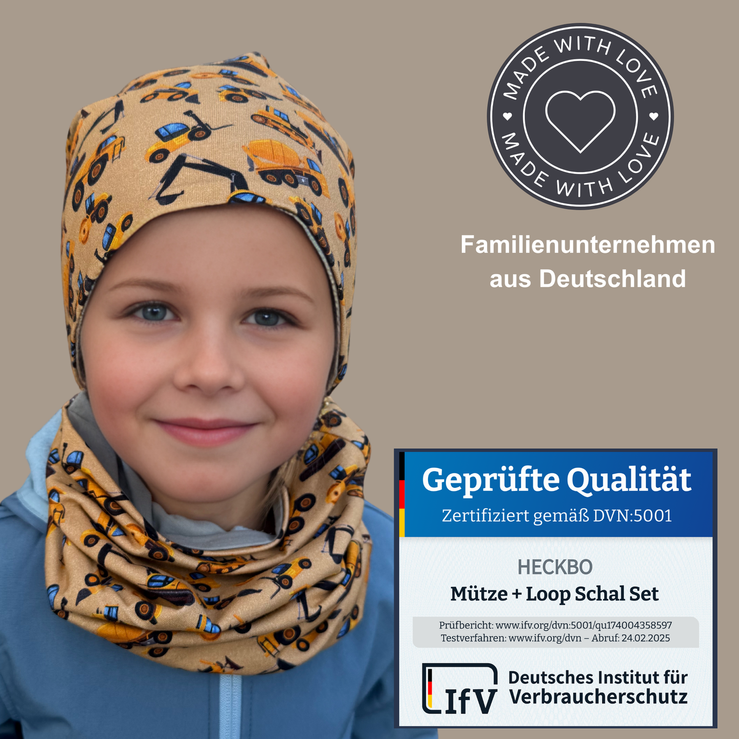 Heckbo | Kinder Beanie Mütze & Loop Set - Baufahrzeuge