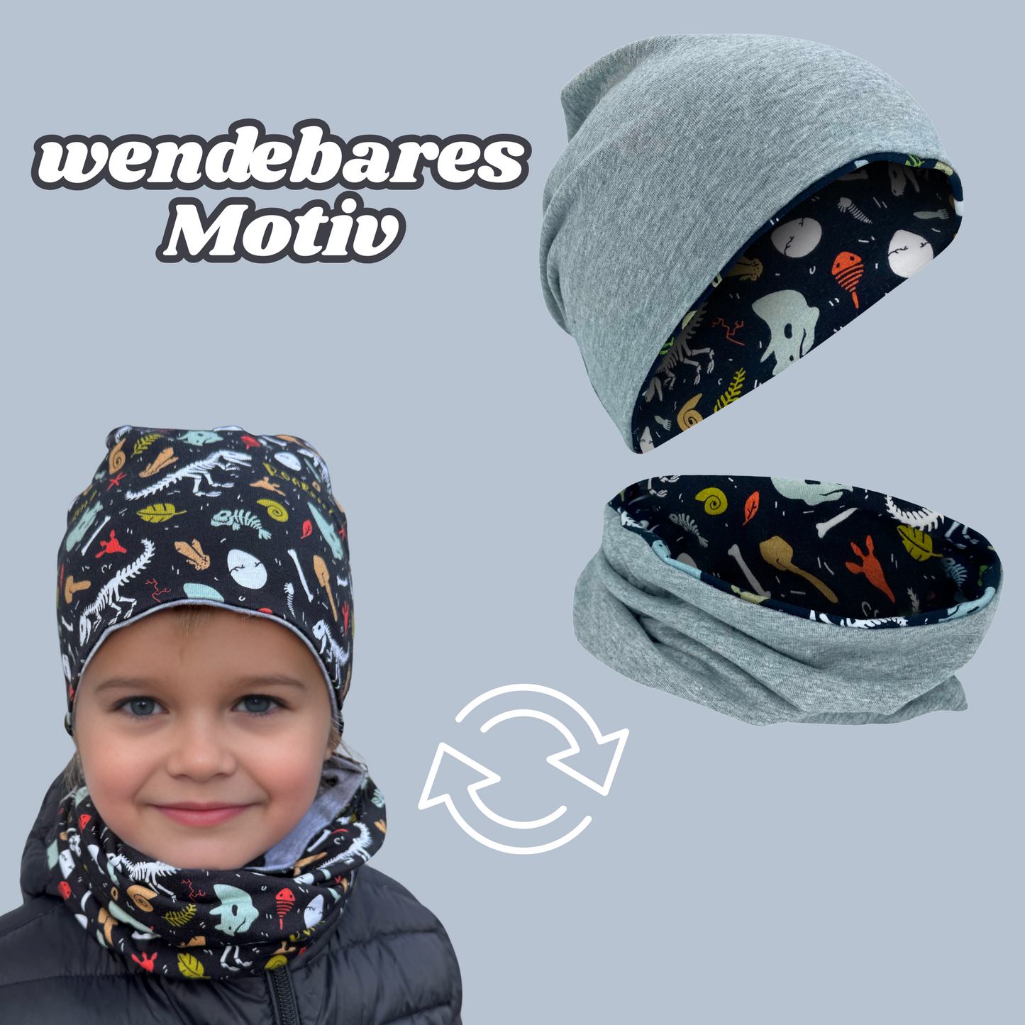 Heckbo | Kinder Beanie Mütze & Loop Set - Dino Knochen