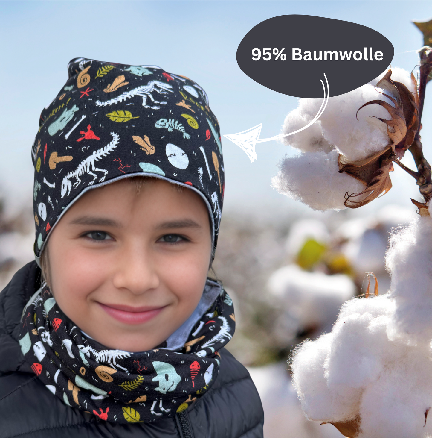 Heckbo | Kinder Beanie Mütze & Loop Set - Dino Knochen