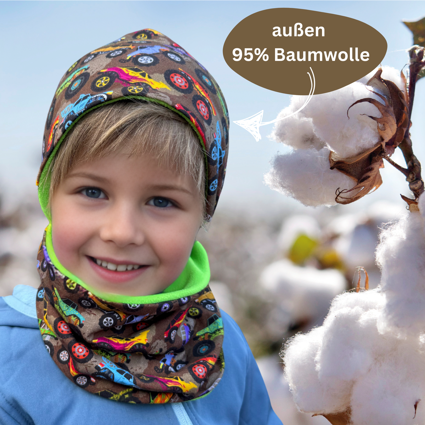Heckbo | Kinder Beanie Mütze & Loop Set - Monster Truck