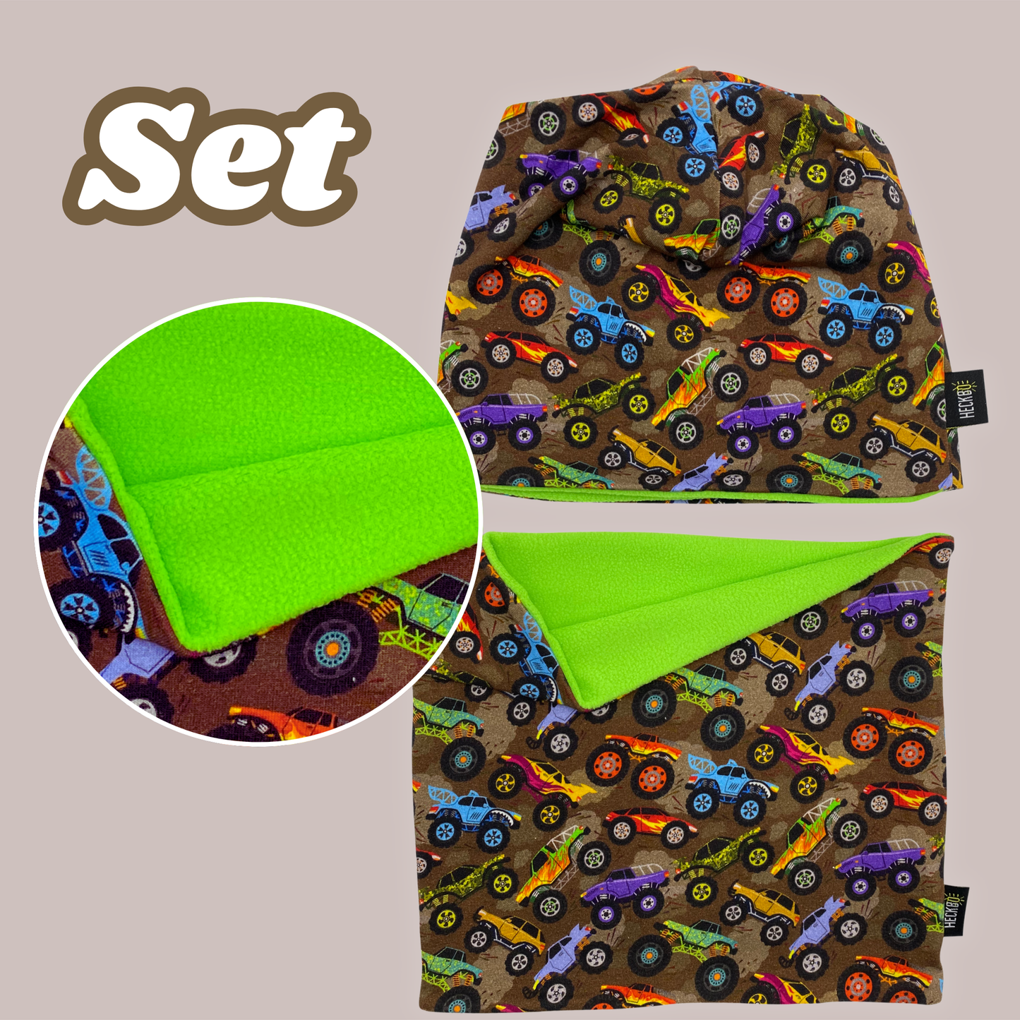 Heckbo | Kinder Beanie Mütze & Loop Set - Monster Truck