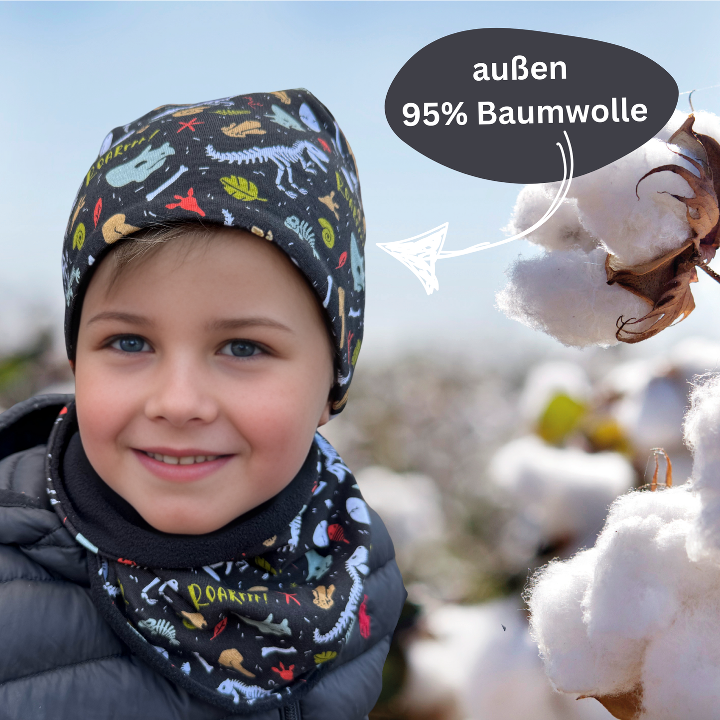 Heckbo | Kinder Beanie Mütze & Loop Set - Dino Knochen