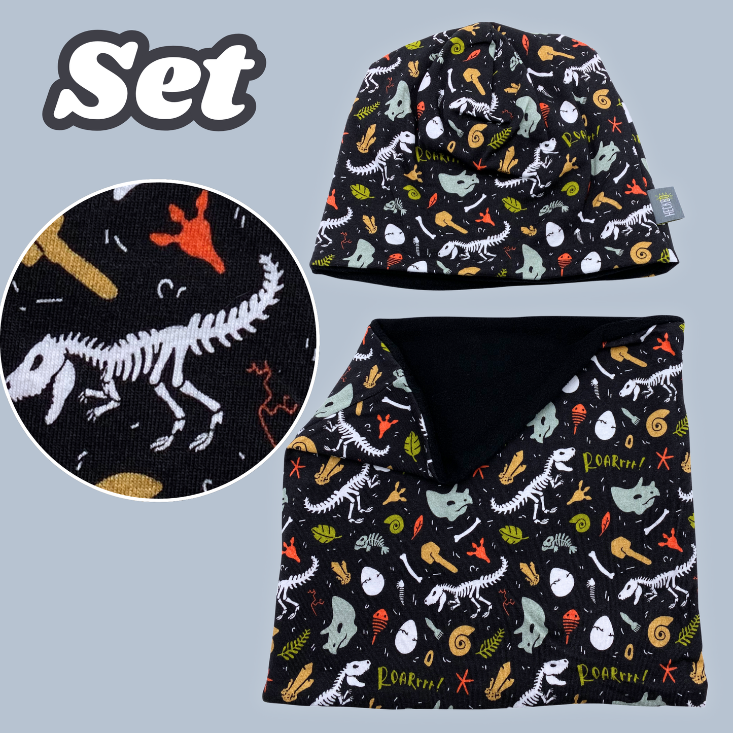Heckbo | Kinder Beanie Mütze & Loop Set - Dino Knochen