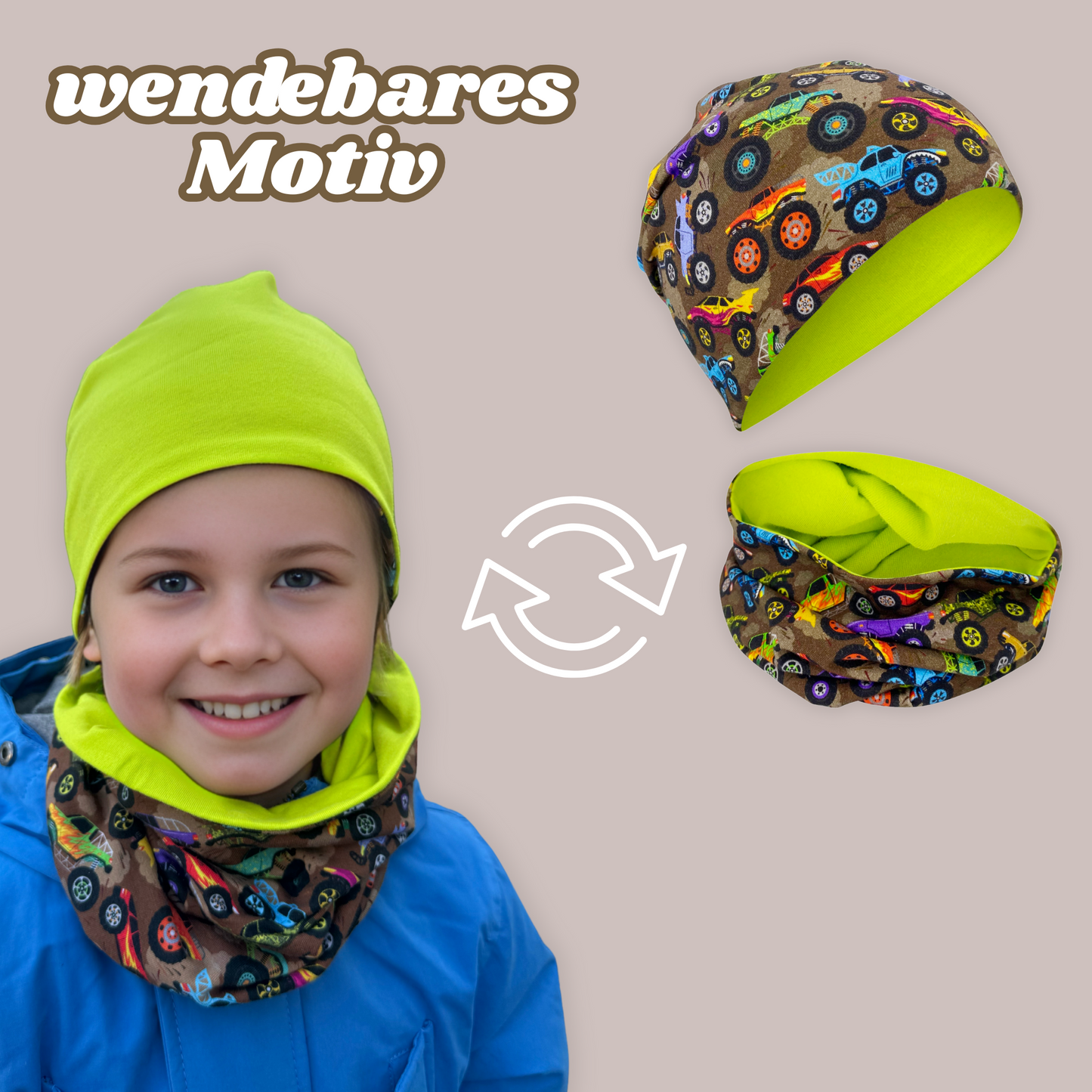 Heckbo | Kinder Beanie Mütze & Loop Set - Monster Truck