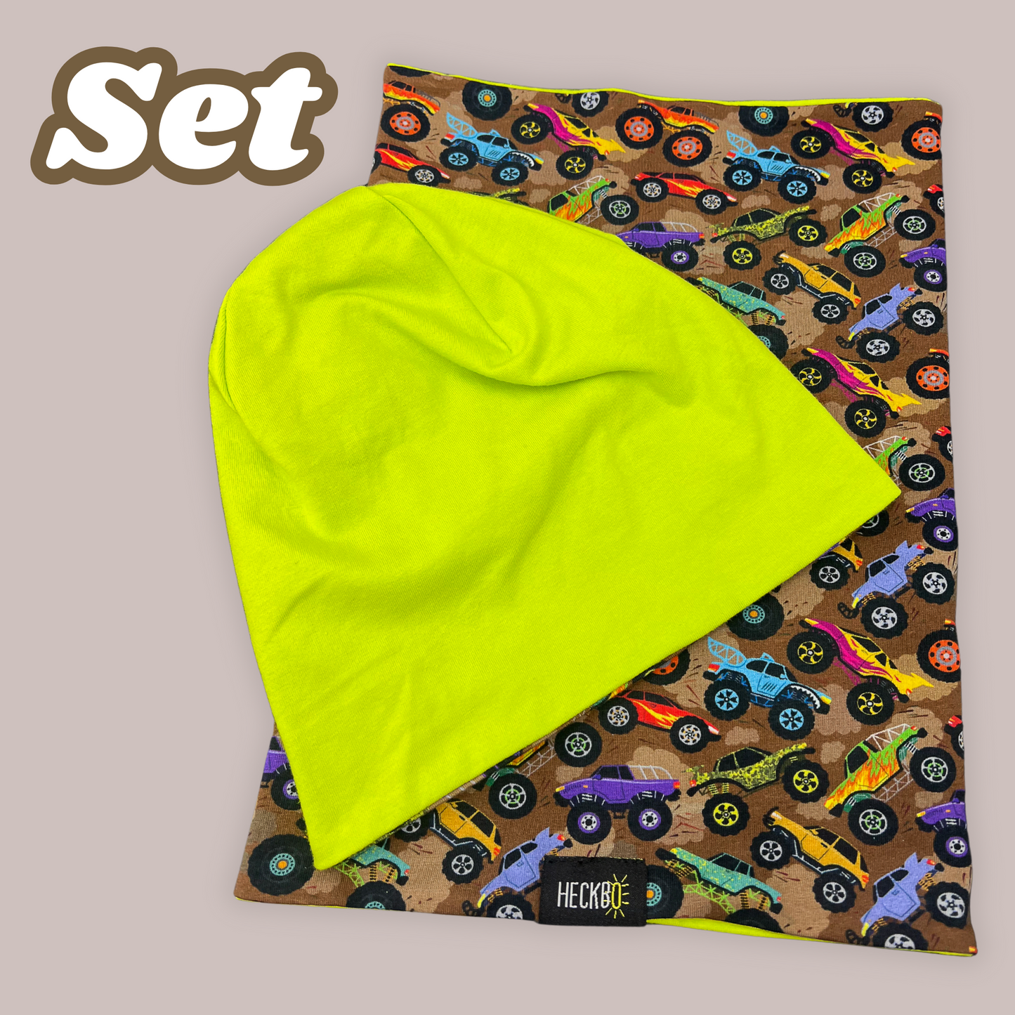 Heckbo | Kinder Beanie Mütze & Loop Set - Monster Truck