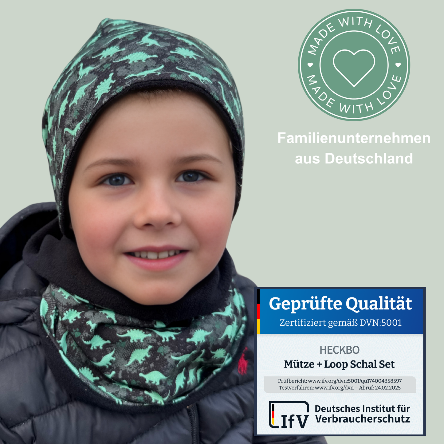 Heckbo | Kinder Beanie Mütze & Loop Set - Dinosaurier