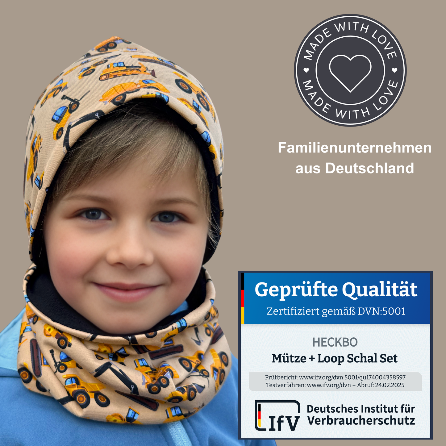 Heckbo | Kinder Beanie Mütze & Loop Set - Baufahrzeuge