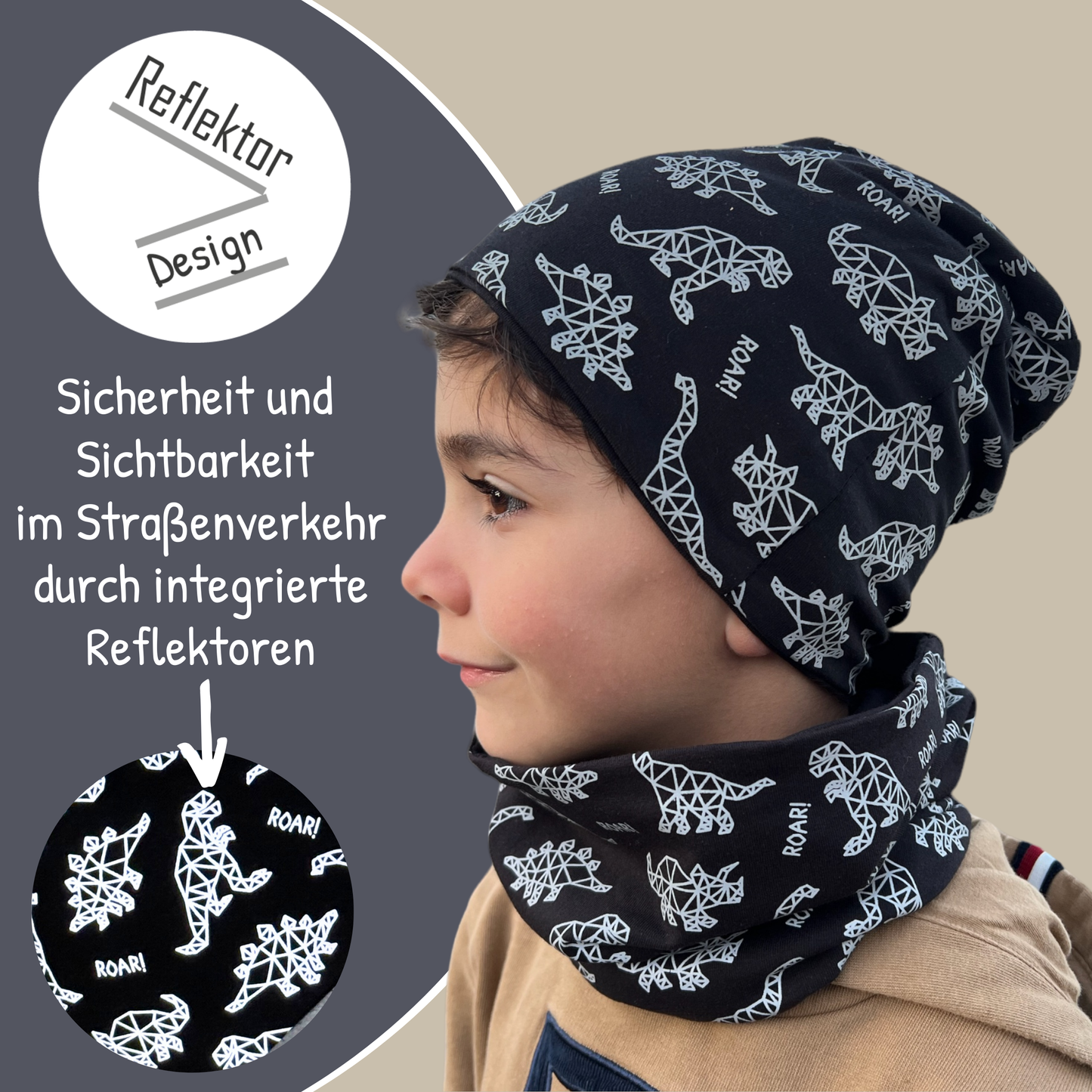Heckbo | Kinder Reflektor Mütze & Loop - Dinosaurier