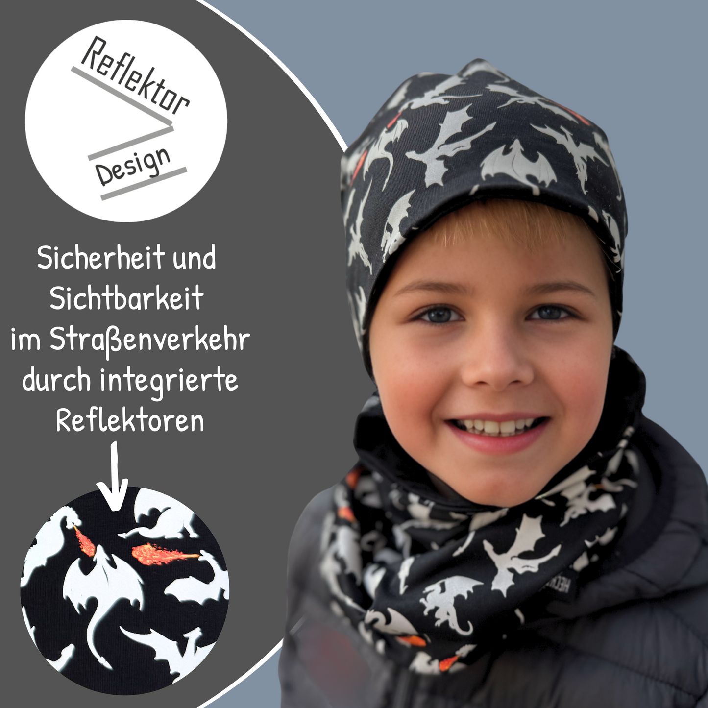 Heckbo | Kinder Reflektor Mütze & Loop - Drachen