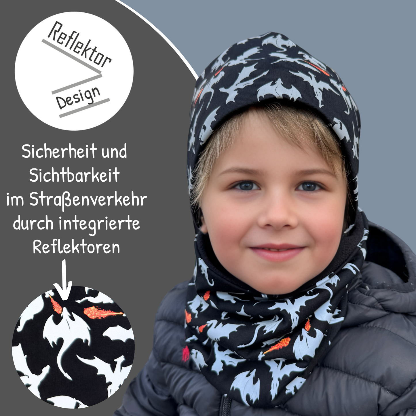 Heckbo | Kinder Reflektor Mütze & Loop - Drachen