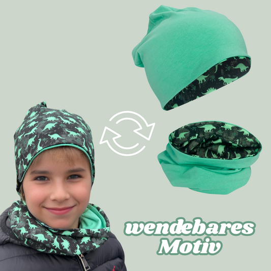 Heckbo | Kinder Beanie Mütze & Loop Set - Dinosaurier
