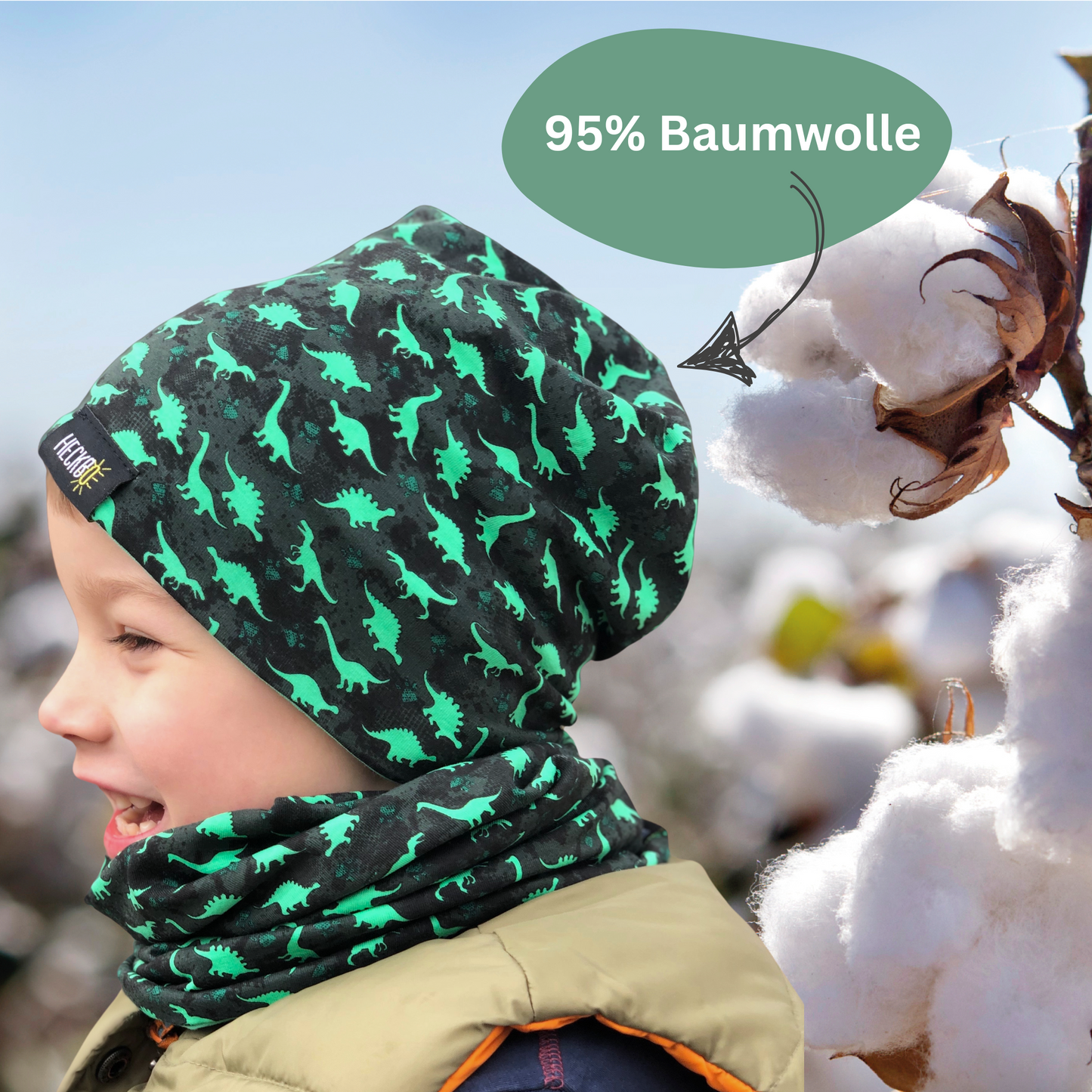 Heckbo | Kinder Beanie Mütze & Loop Set - Dinosaurier