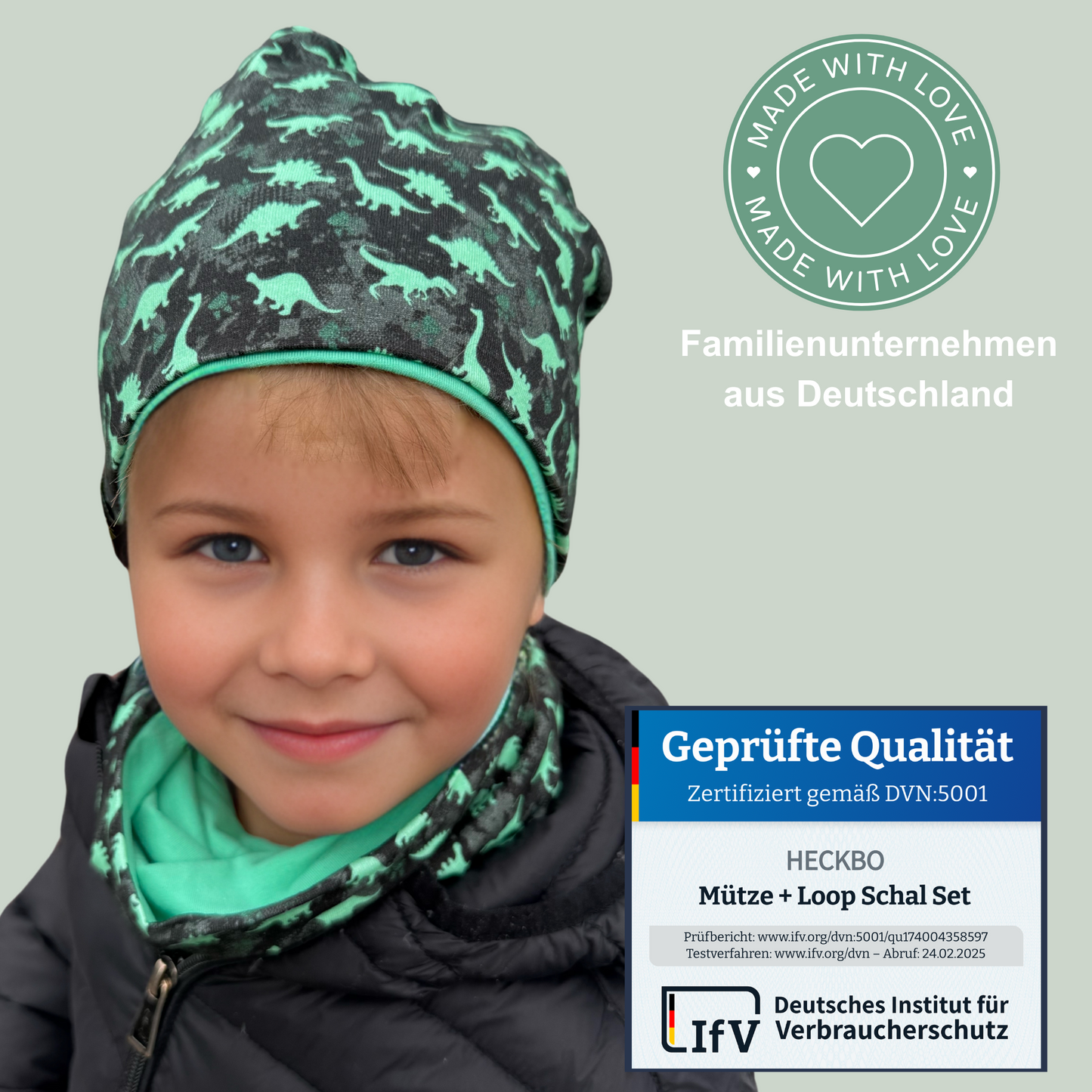 Heckbo | Kinder Beanie Mütze & Loop Set - Dinosaurier