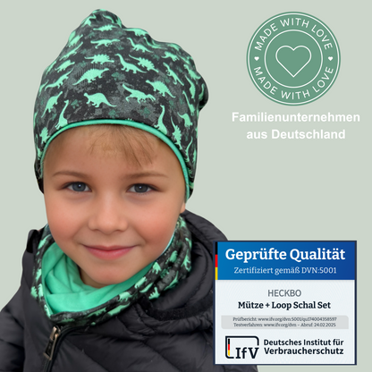 Heckbo | Kinder Beanie Mütze & Loop Set - Dinosaurier