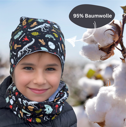 Heckbo | Kinder Beanie Mütze & Loop Set - Dino Knochen