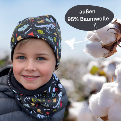 Heckbo | Kinder Beanie Mütze & Loop Set - Dino Knochen