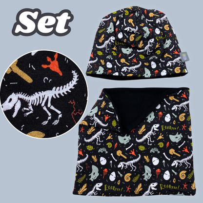 Heckbo | Kinder Beanie Mütze & Loop Set - Dino Knochen