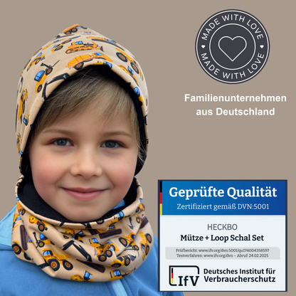 Heckbo | Kinder Beanie Mütze & Loop Set - Baufahrzeuge