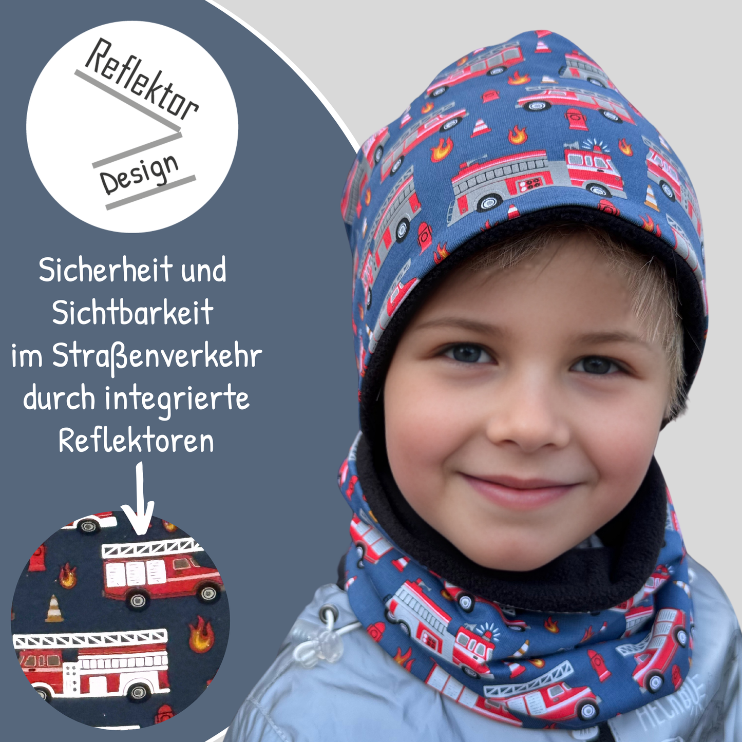 Heckbo | Kinder Reflektor Mütze & Loop - Feuerwehr